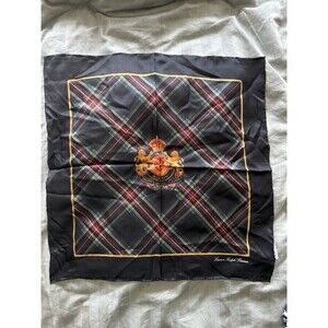 Lauren Ralph Lauren Silk Scarf Black Tartan Plaid Crest Lions 20" x 21"
